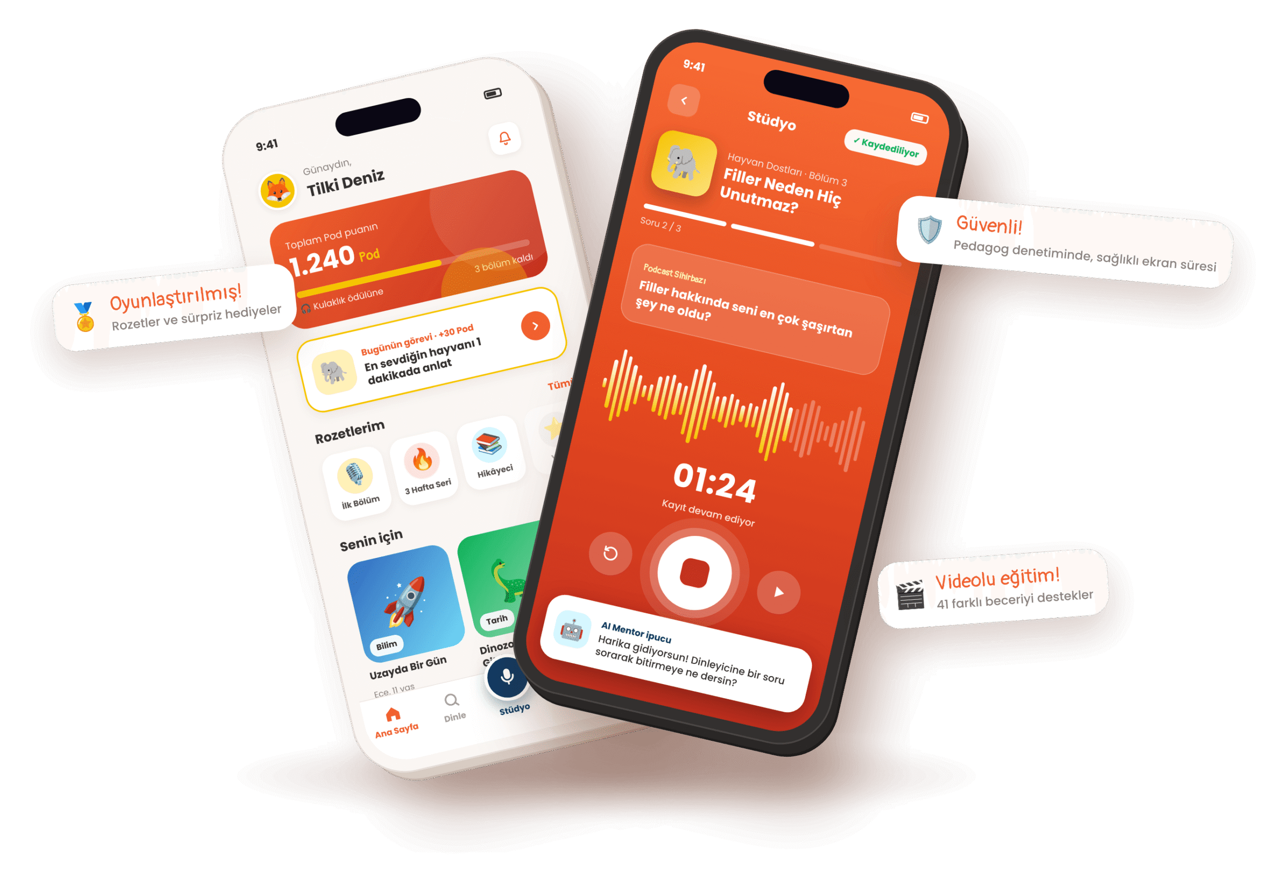 Podkids uygulamasının ana sayfa ve Stüdyo ekranları
